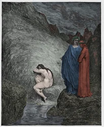 Inferno, Sång 30: Myrrha, dömd för incest, illustration ur Den gudomliga komedin av Dante Alighieri, 1885 (digitalt färglagd gravyr)